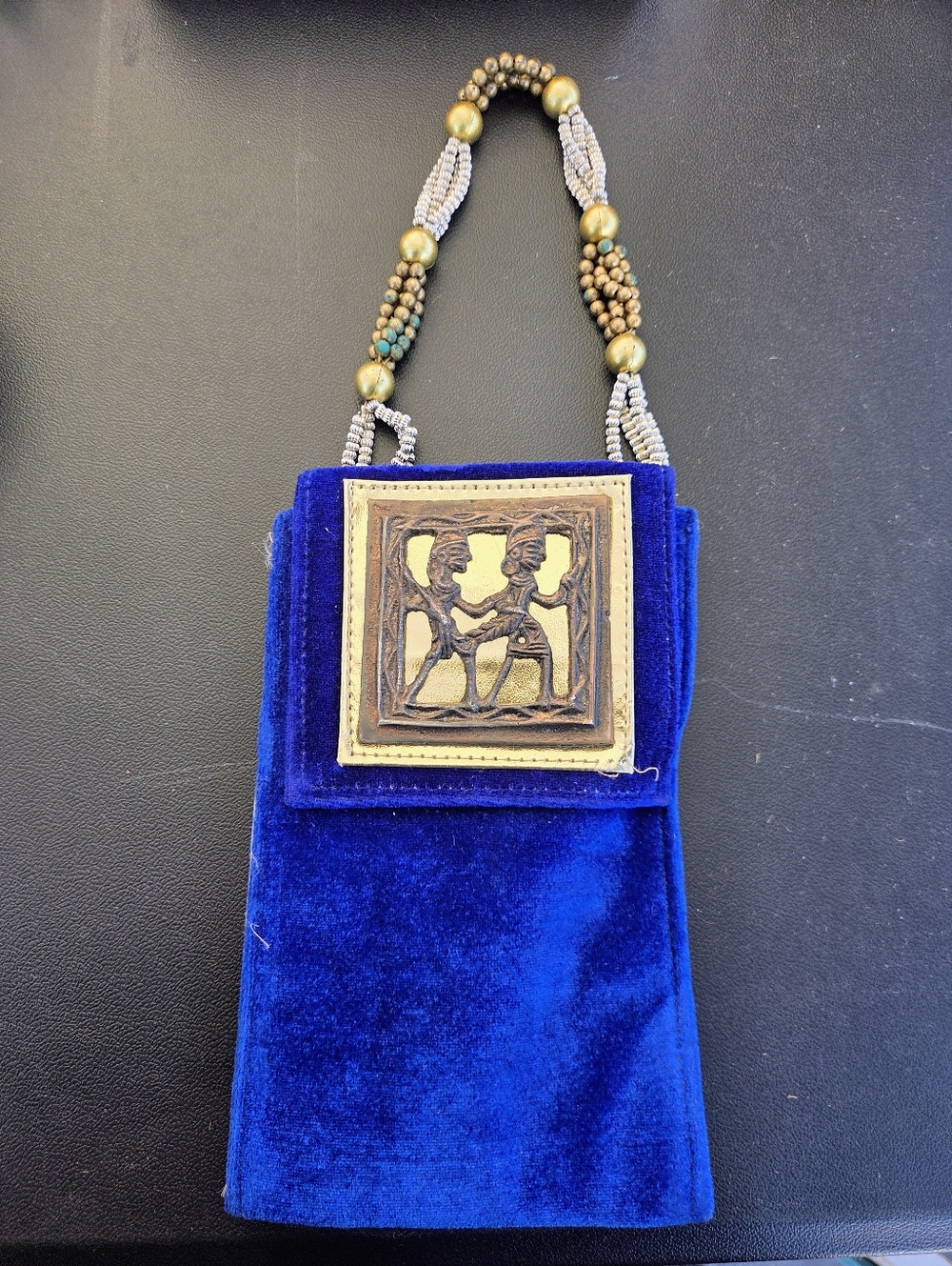 Blue Velvet Pouch With Brass Dokra Tribal Accent